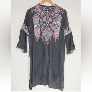 Johnny Was Shankara Dress Ramie Embroidered Tunic Gray Flared Sleeve Size XS